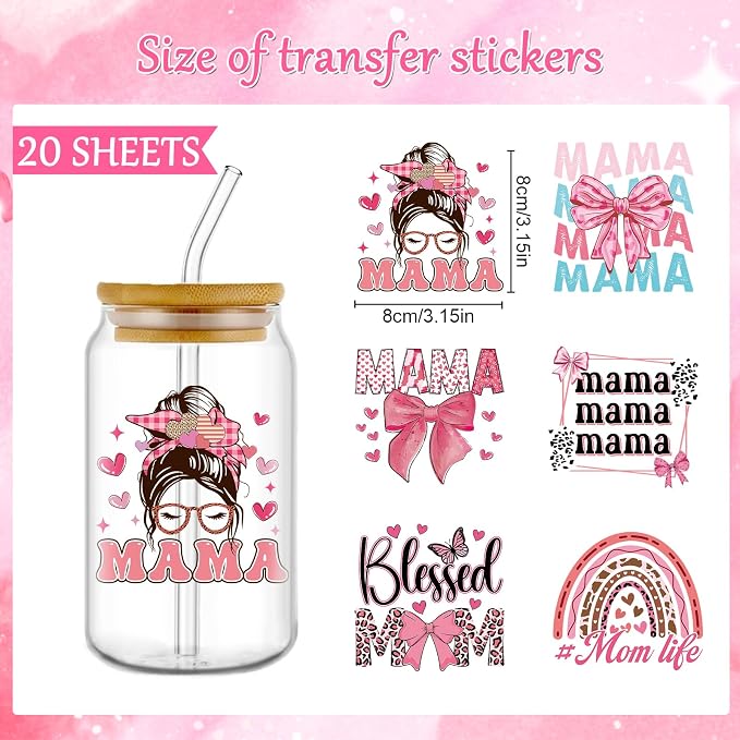 Rngmsi 20 Sheets Mom UV DTF Cup Wrap, Mama Waterproof Cold UV DTF Stickers | - Image 2