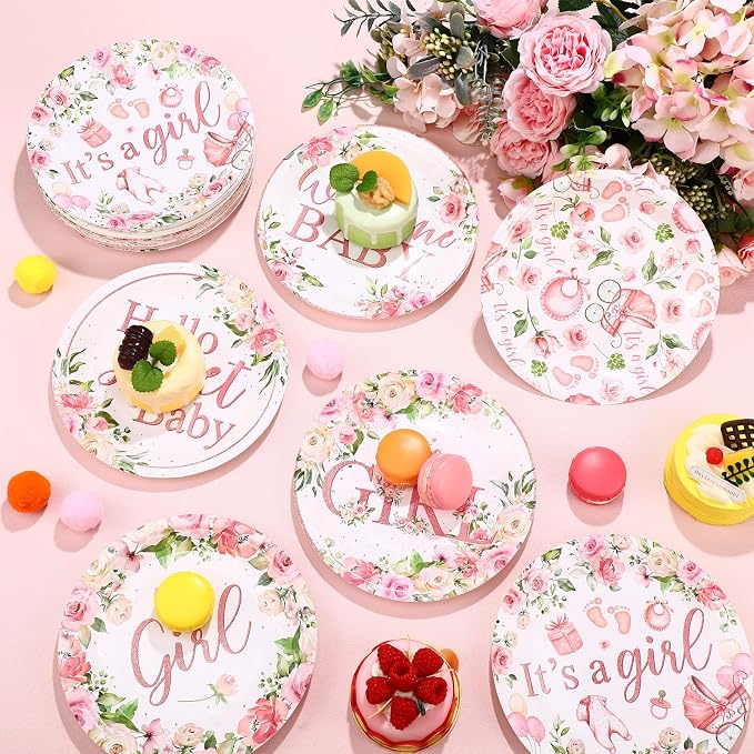 Funnymoom 60 Pcs 7 Inch Baby Shower Paper Plates Girl Pink Floral Baby Shower - Image 5