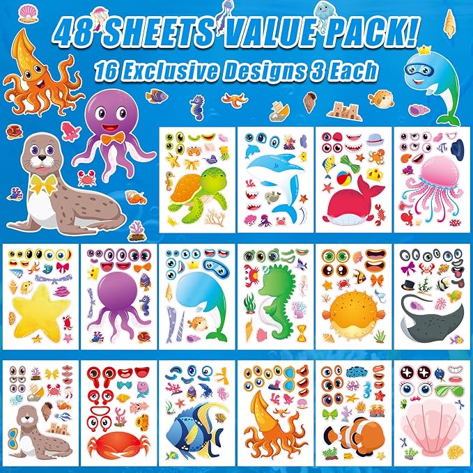 48 Sheets Create Funny Ocean Animals Stickers, Make a Face Stickers - Image 3