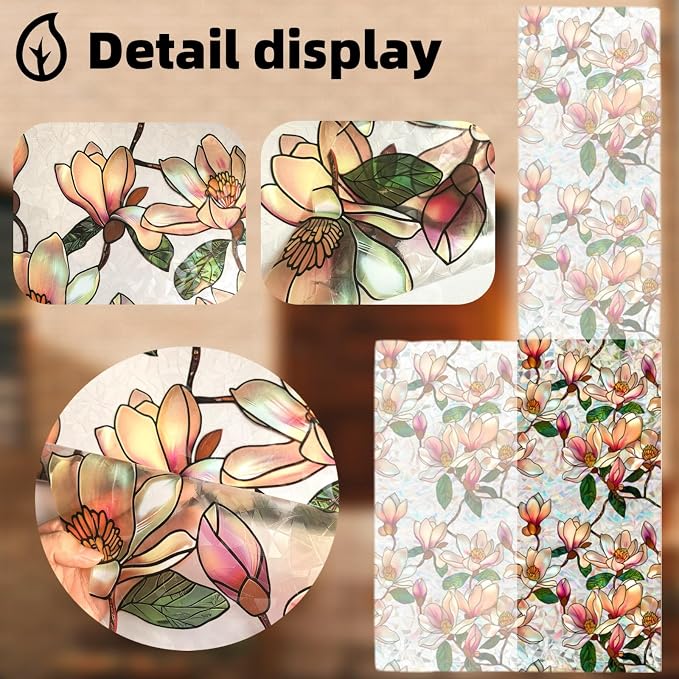 Retro Flowers Window Privacy Film, Magnolia Stained Glass Decorative Window Film - Image 6