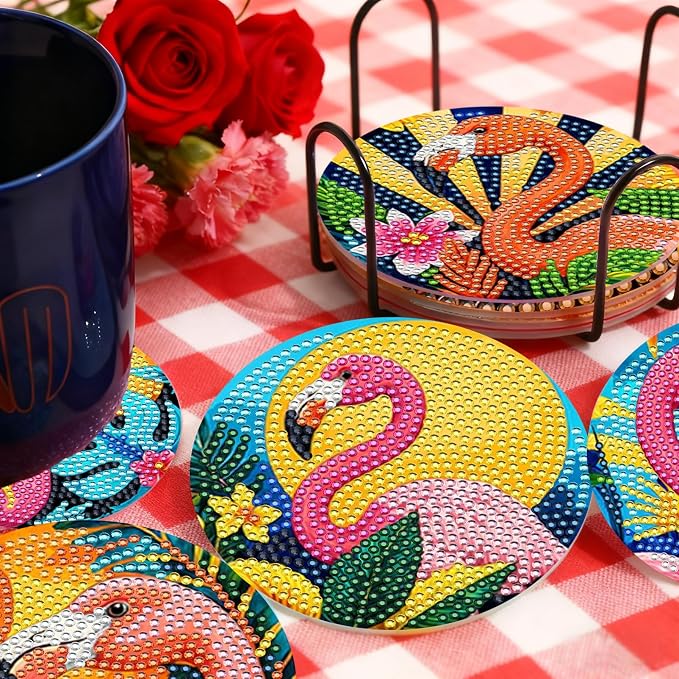 TDOOW Diamond Art Coasters 2026 8 Pcs Colorful Flamingo Diamond Painting - Image 2