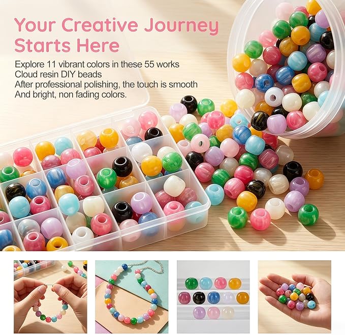 Pndeyo 55pcs Round Resin Beads for Crafts, Large Hole Hair Beads for Jewelry - Image 3