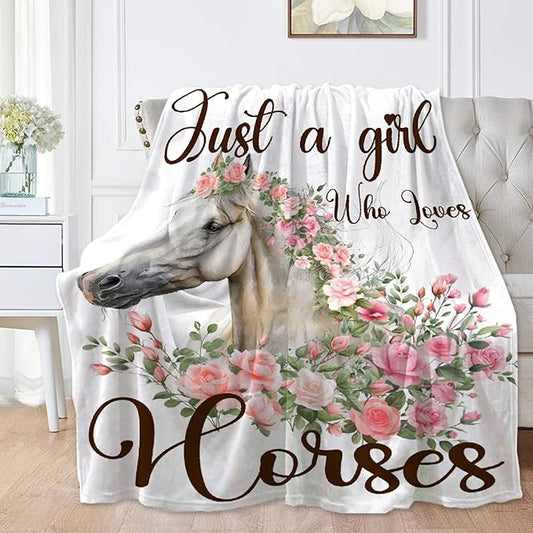Just A Girl Who Loves Horses Blanket for Boys Girls, Flowers Animals Kids Throw Blanket Gift for Child, Fluffy Cozy Soft Lightweight Blankets for Bed Office, 40x50 Inches