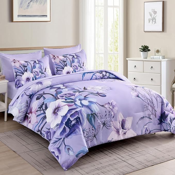 Luxudecor Lavender Purple Floral Comforter Set King Size 7 Piece, Flower Bed in - Image 2