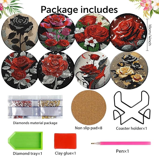 8 Pack Diamond Art Coasters, Rose Flowers Diamond Painting Coasters Kits | - Image 2