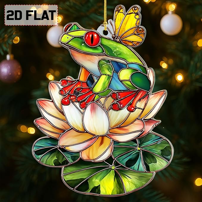 2D Flat Faux Stained Glass Frog Christmas Acrylic Ornament, Frog Ornaments - Image 4