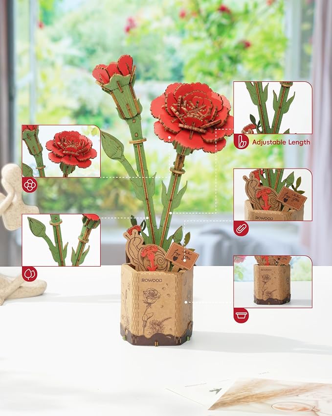 rowood 3D Puzzle Wooden Flower, DIY Artifical Flower Building Set Craft Kit - Image 4