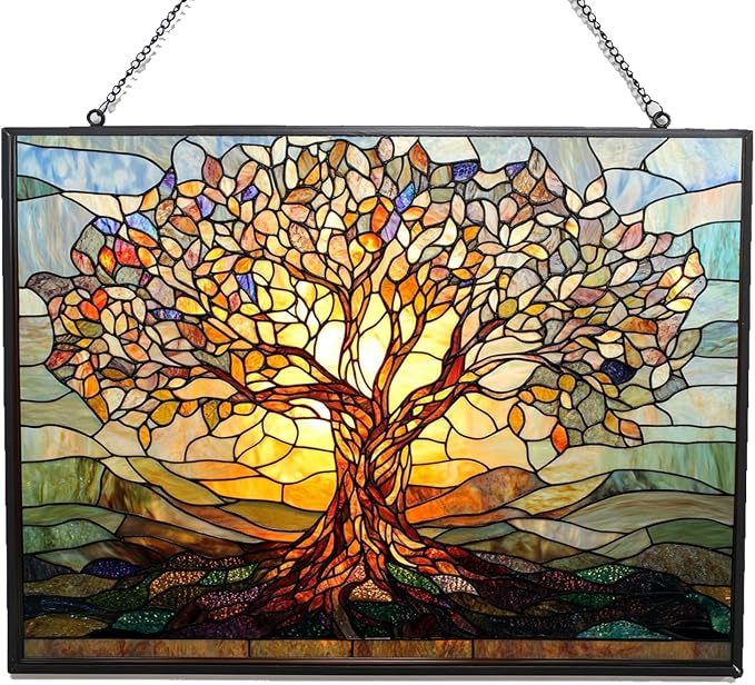 Retangle Art Nouveau Tree of Life Stained Glass Window Hanging Window by 365CUSGIFTS