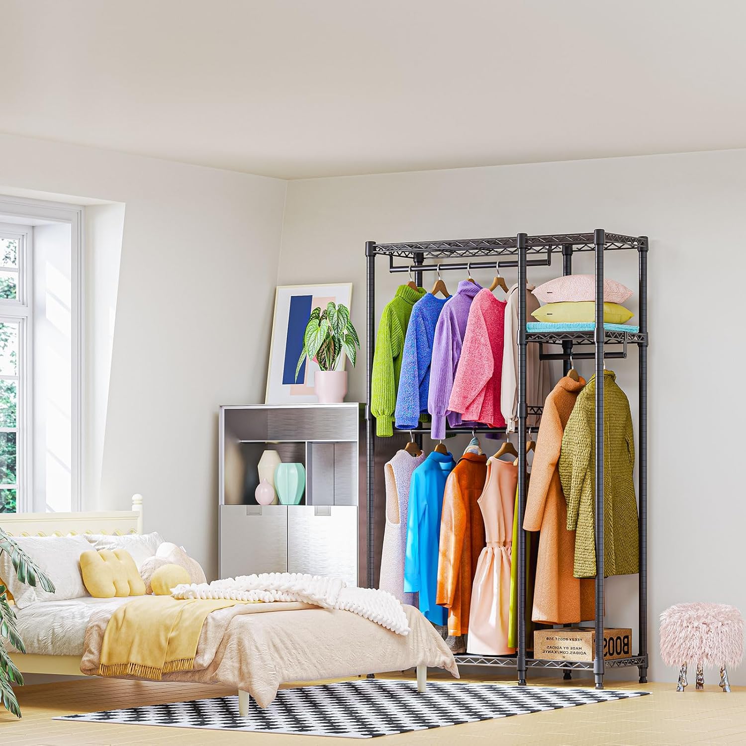 Heavy Duty Rolling Garment Rack 3 Tiers Adjustable Wire Shelving Clothes Rack with 1 Rods and Side Hooks,Storage Closet Clothing Rack Black 15.7" D x 43.3" W x 76.5" H