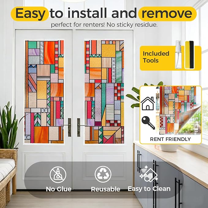 OHTMERU 3D Stained Glass Window Privacy Film, Heat Control UV Blocking Static - Image 5