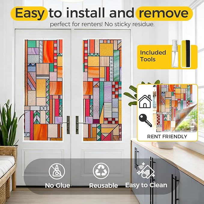 OHTMERU 3D Stained Glass Window Privacy Film, Heat Control UV Blocking Static - Image 5