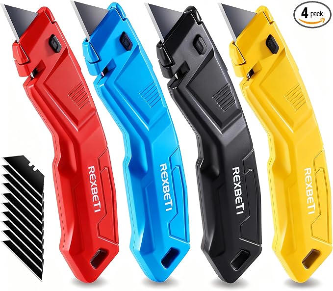 REXBETI 4-Pack Utility Knife, Heavy Duty Aluminum Shell Retractable Box Cutter by REXBETI