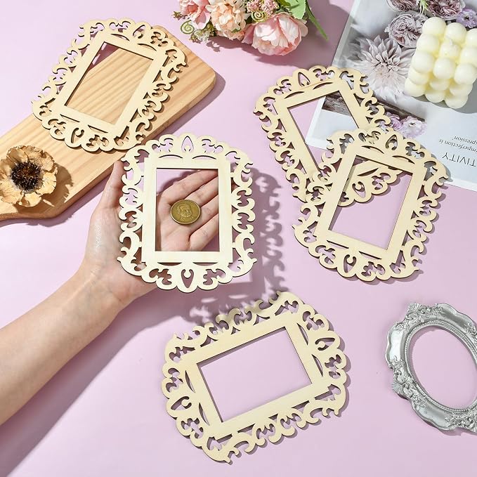 12 pcs Rectangle Theme Unfinished Wooden Photo Frames Floral Laser Cut Wood - Image 4