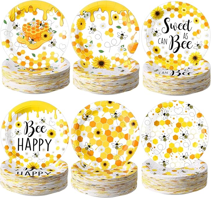 Funnymoom 60 Pcs 7 Inch Honey Bee Paper Plates Bee Happy Shower Tableware by Funnymoom