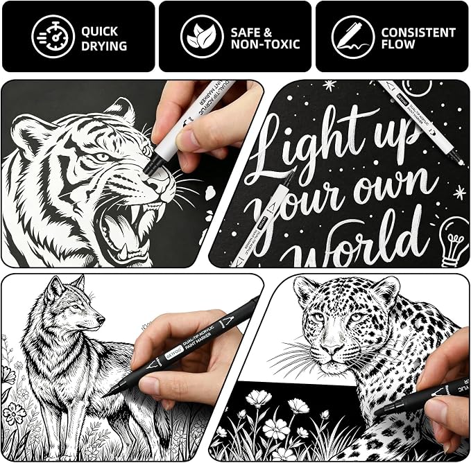 Black & White Acrylic Paint Pens, Dual Tip, 0.7mm Fine Nibs 10 Pack | Opaque Ink - Image 4
