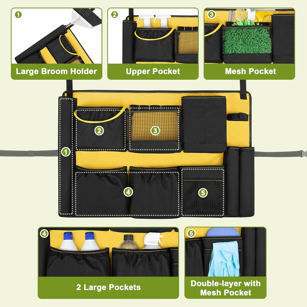 32-55 Gallon Trash Can Caddy Bag, Garbage Bin Apron Caddy with Multiple Pockets for Cleaning Supplies, Cleaning Tool Organizer with Adjustable Buckle for Janitorial Trash Can, Black+Yellow