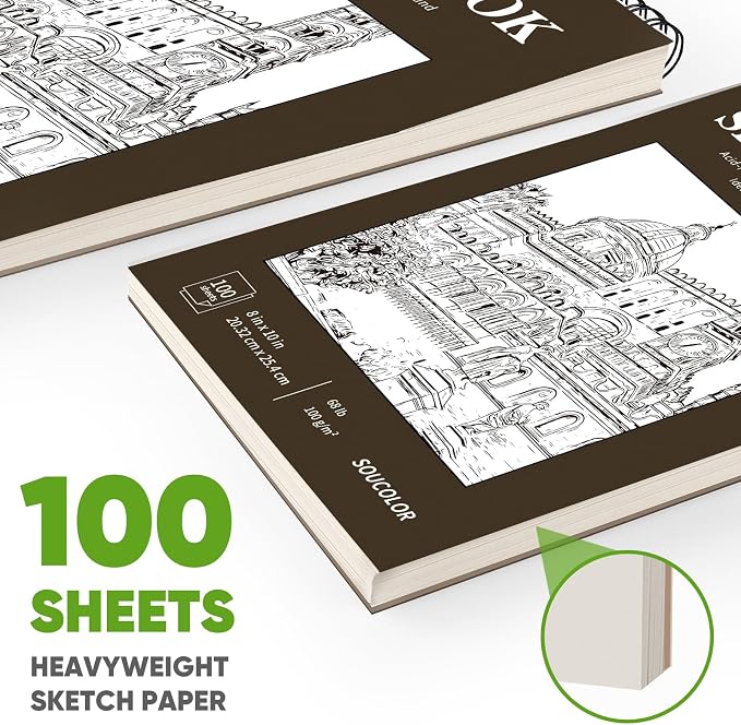 Soucolor 8x10 Sketch Book, 100 Sheets, 68lb Acid-Free Spiral Bound Pad | 68lb - Image 4