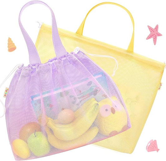 Tagitary Beach Toys Kids Beach Bag Tote with Drawstring,Yellow Purple Mesh Bag Travel Beach Essentials for Kids Swim Pool Gym Bag Camping Accessories Toys Storage Lightweight Foldable Birthday Gifts