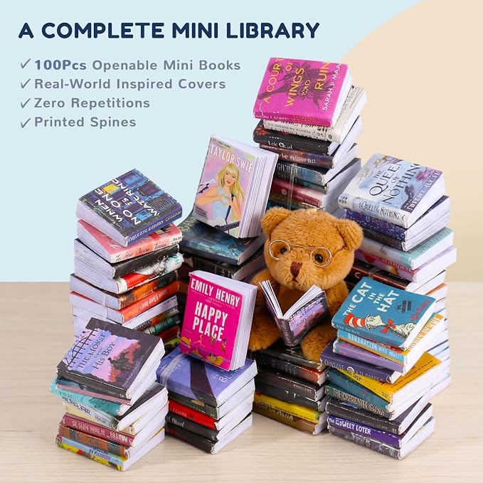 1:12 Scale Mini Desk Set with 100 Mini Books & 2 Bookshelves — Miniature - Image 3