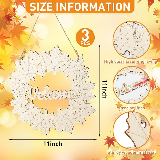 Unfinished Fall Wreaths Wood Crafts to Paint Set of 3, Unfinished Wood Cutouts - Image 5