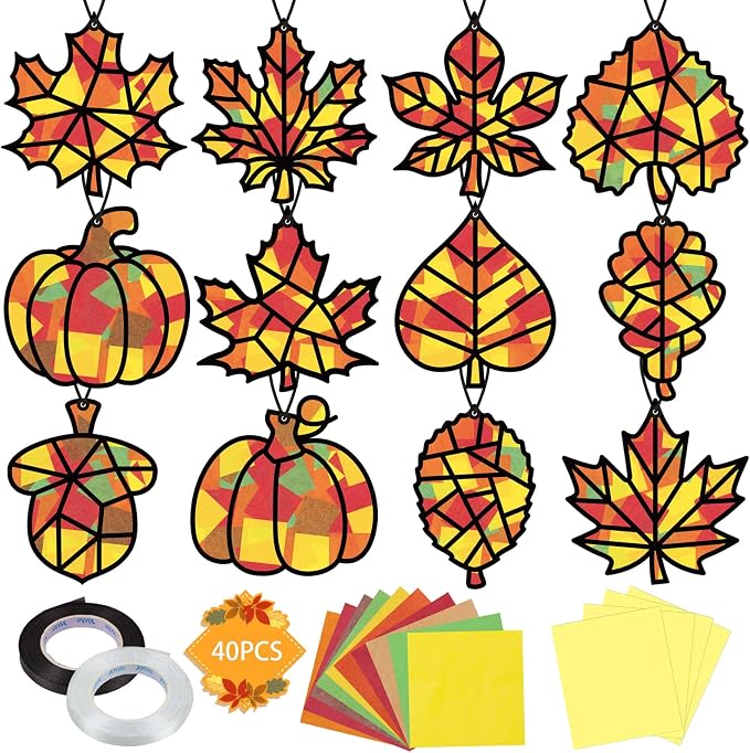 Renbuzhu 40PCS Fall Crafts Bulk: Leaves Pumpkins Paper Suncatchers DIY Kit by Renbuzhu