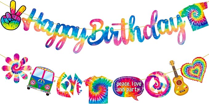 C L cooper life Tie Dye Happy Birthday Banner, Art Theme Party Decorations - Image 2