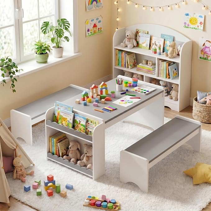 Kids Table and Bench Set, Montessori Kids Table and Chair Set, Indoor Wooden - Image 7