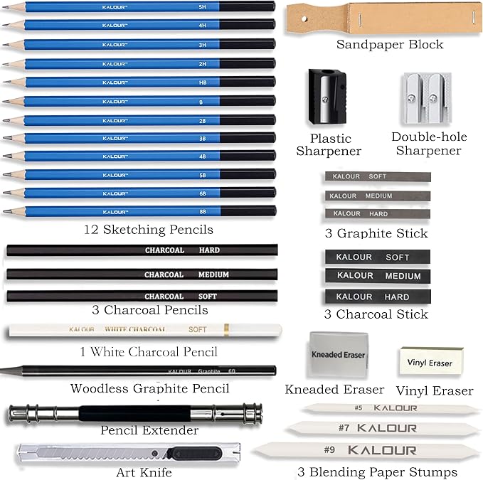 KALOUR 33 Pro Drawing Kit Sketching Pencils Set, Portable Zippered Travel - Image 2