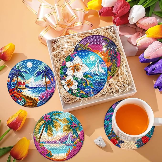 EWJRNSF 8 PCS Beach Diamond Art Coasters DIY Kit - Image 4