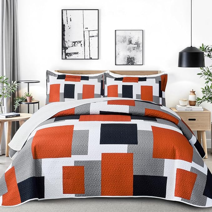 Tyrot 3 Piece Orange Grey Quilt Set California King Size Black White Gray by TyrotHomeDecor