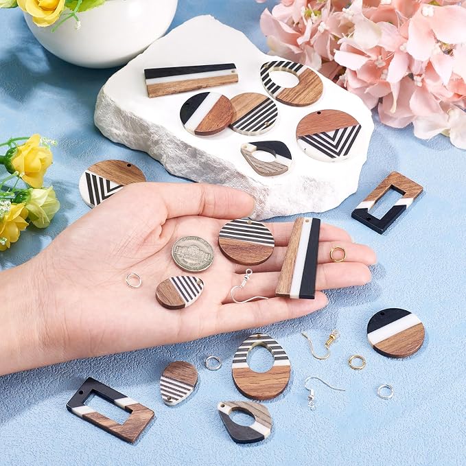 FASHEWELRY 16Pcs Resin Wooden Earring Pendants Vintage Stripe Teardrop Resin - Image 3