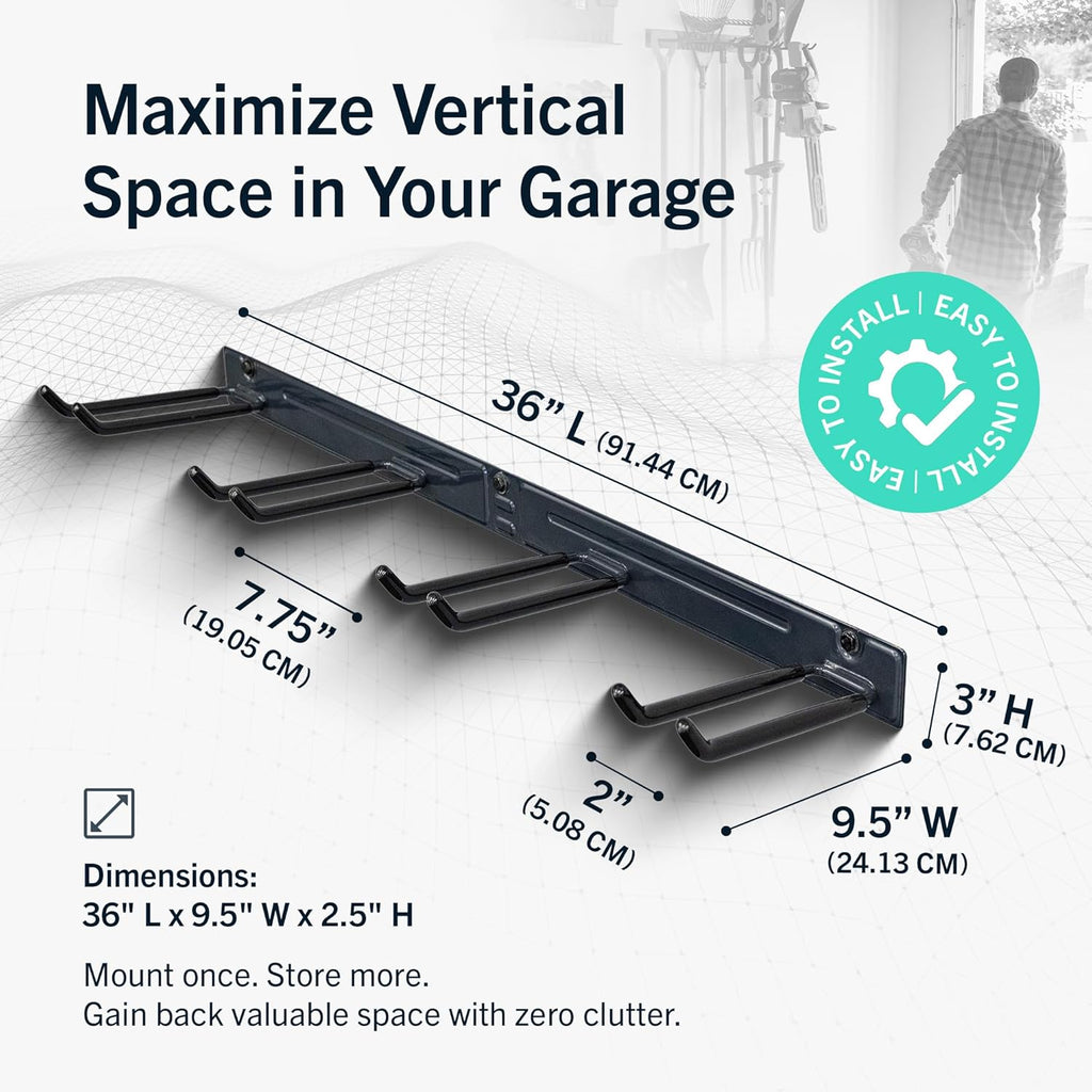 StoreYourBoard Wall-Mounted Rack With 4 Garage Hooks – Heavy-Duty Steel Holder Garage & Garden Storage for Shed, Workshop, or Home Organization – For Rakes, Shovels, Tools & More – 1 Pack, Deep Water