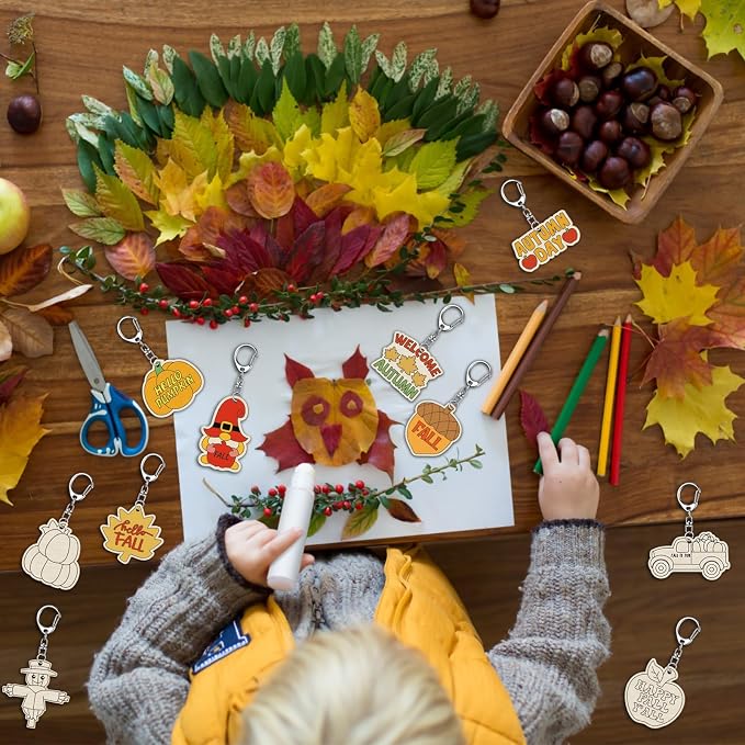 RattanView 24 Pcs Fall Craft Color Your Own Keychains DIY Craft Wooden Blank - Image 5