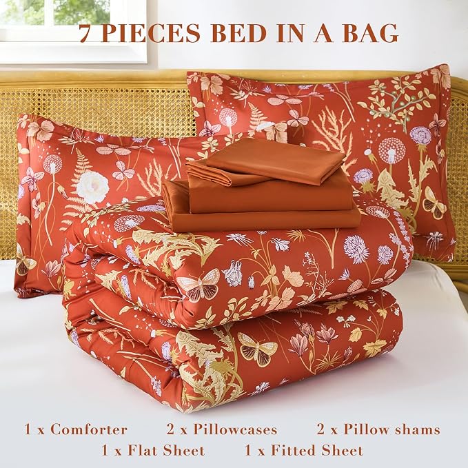 Yiran King Size Comforter Set 7 Piece, Burnt Orange Floral Bedding Set - Image 6