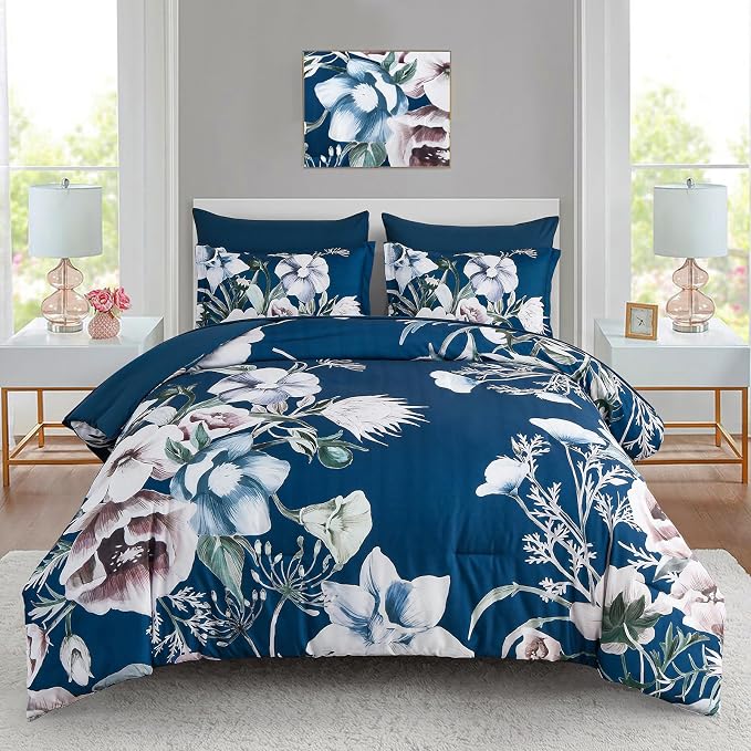 Luxudecor Floral Comforter Set King Size 7 Piece, Elegant Comforter Bedding Set by Luxudecor