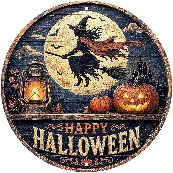 Flying Witch Halloween Metal Tin Sign Round Wall Decor Full Moon Haunted House by Unknown