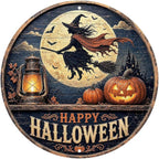 Flying Witch Halloween Metal Tin Sign Round Wall Decor Full Moon Haunted House by Unknown