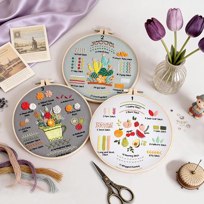 Embroidery Kit for Adult Beginners, 3 Pack Embroidery Stitches Practice Kit to - Image 5