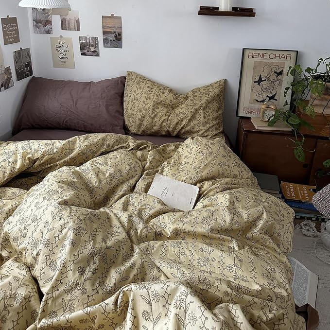 MKXI Beige & Brown Vintage Floral Duvet Cover Set Twin Size by MKXI