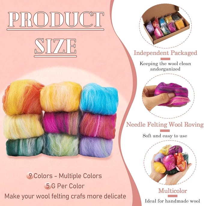 FASHEWELRY 1.59 oz Wool Roving for Needle Felting Kit 9 Colors Felting Wool - Image 2
