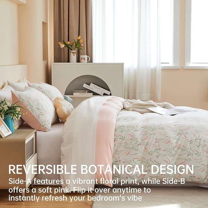 BOLINLIVING Pink Floral Duvet Cover Twin Size, Kids Girls Botanical Leaf Spring - Image 2