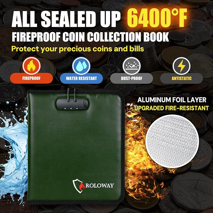 ROLOWAY Coin Collection Book 6400℉ Heat Insulated, 346 Pockets Fireproof Coin - Image 2