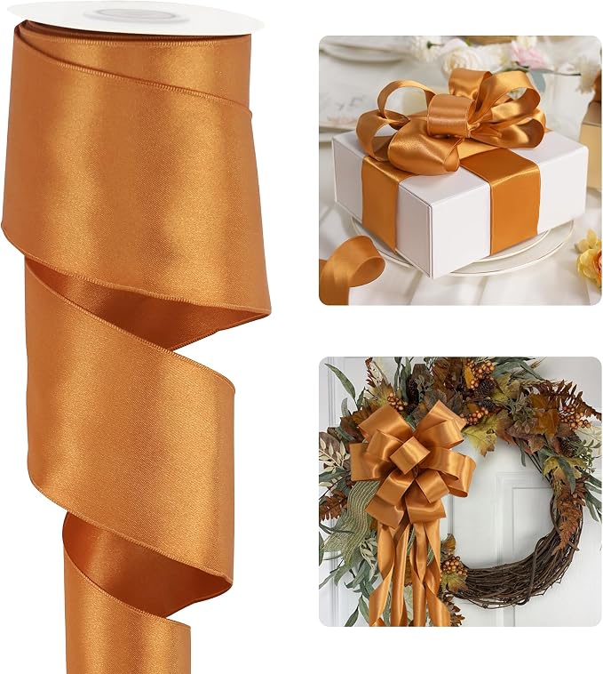 HUIHUANG Burnt Orange Satin Wired Ribbon 2.5 inch Easter Wired Ribbon by HUIHUANG