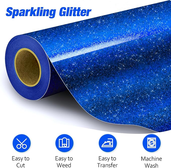 VinylRus Royal Blue Glitter HTV Heat Transfer Vinyl Roll-12 x 10ft Blue Glitter - Image 2