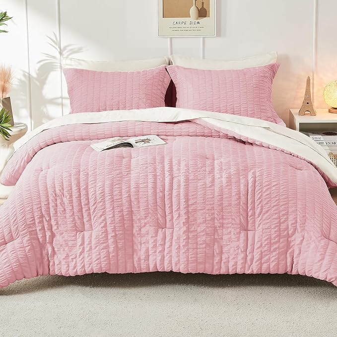 HYMOKEGE Pink/Ivory Queen Comforter Set Seersucker 7 Pieces, All Season Luxury - Image 9