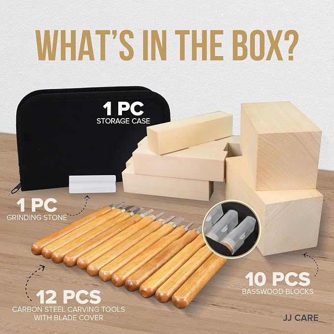 JJ CARE Wood Carving Kit, 10 Basswood Blocks, 1 Grinding Stone & Storage Case - Image 3