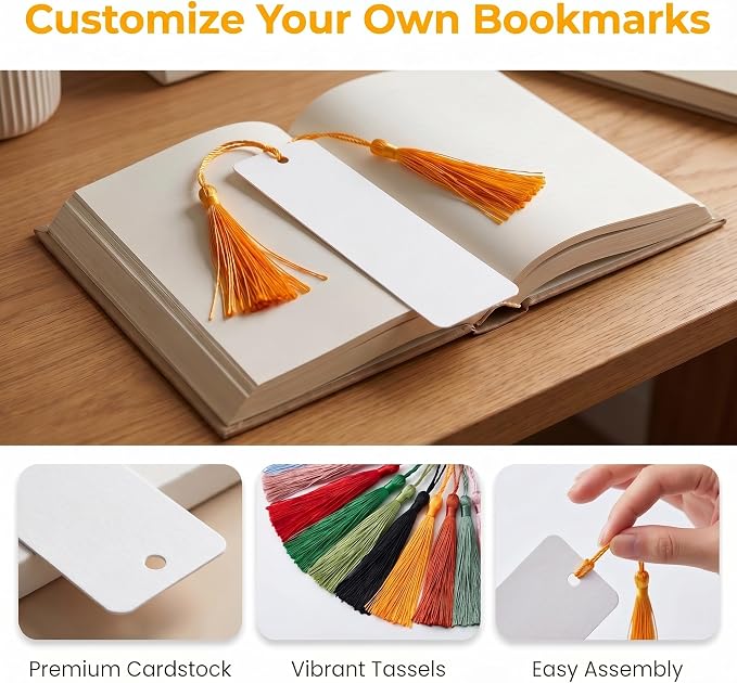 100Pcs Blank Bookmarks with Tassels, 400gsm Cardstock 5x15cm White Blank Paper - Image 4