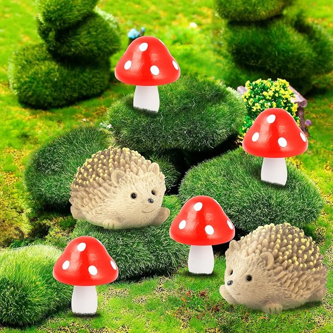 CooBigo 6 Pack Resin Hedgehogs & Wood Mushroom Sculpture, Fairy Wild Garden - Image 6