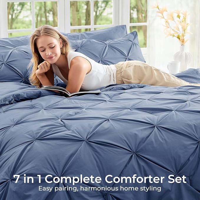 Sasttie King Size Comforter Set, 7-Piece Bed in a Bag, Pintuck Bedding Set - Image 6
