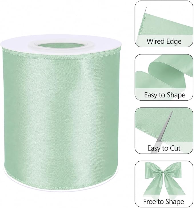 Sage Green 4 Inch Continuous 15 Yards Satin Wired Ribbon - Image 2